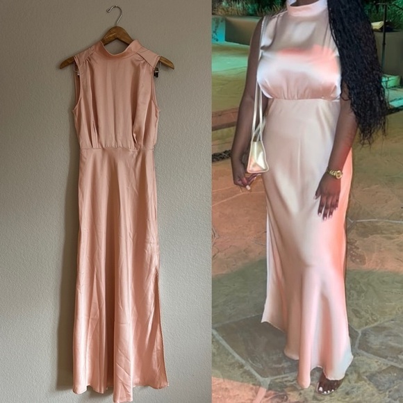 NWOT Classic Elegance Blush Satin Sleeveless Mock Neck Maxi Dress! - Picture 3 of 10